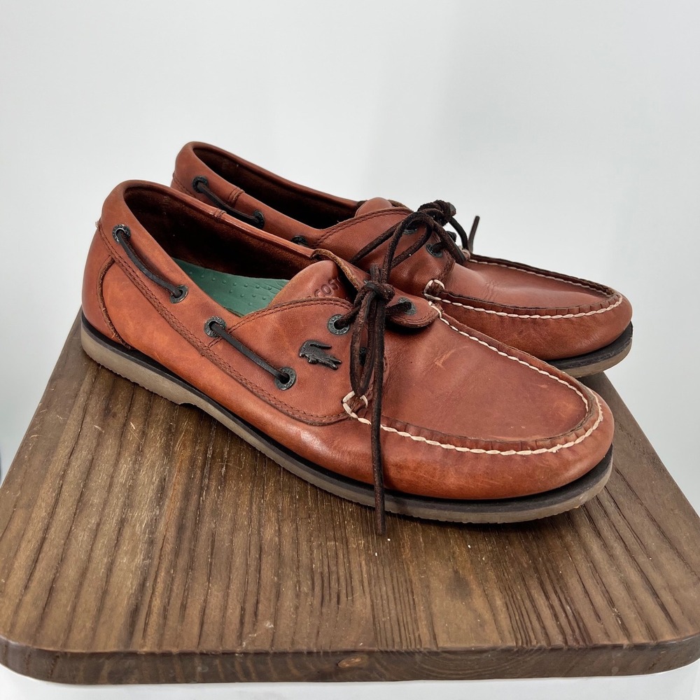 Lacoste "Caspian" Men's Leather Boat Shoes — Cognac Brown size 9